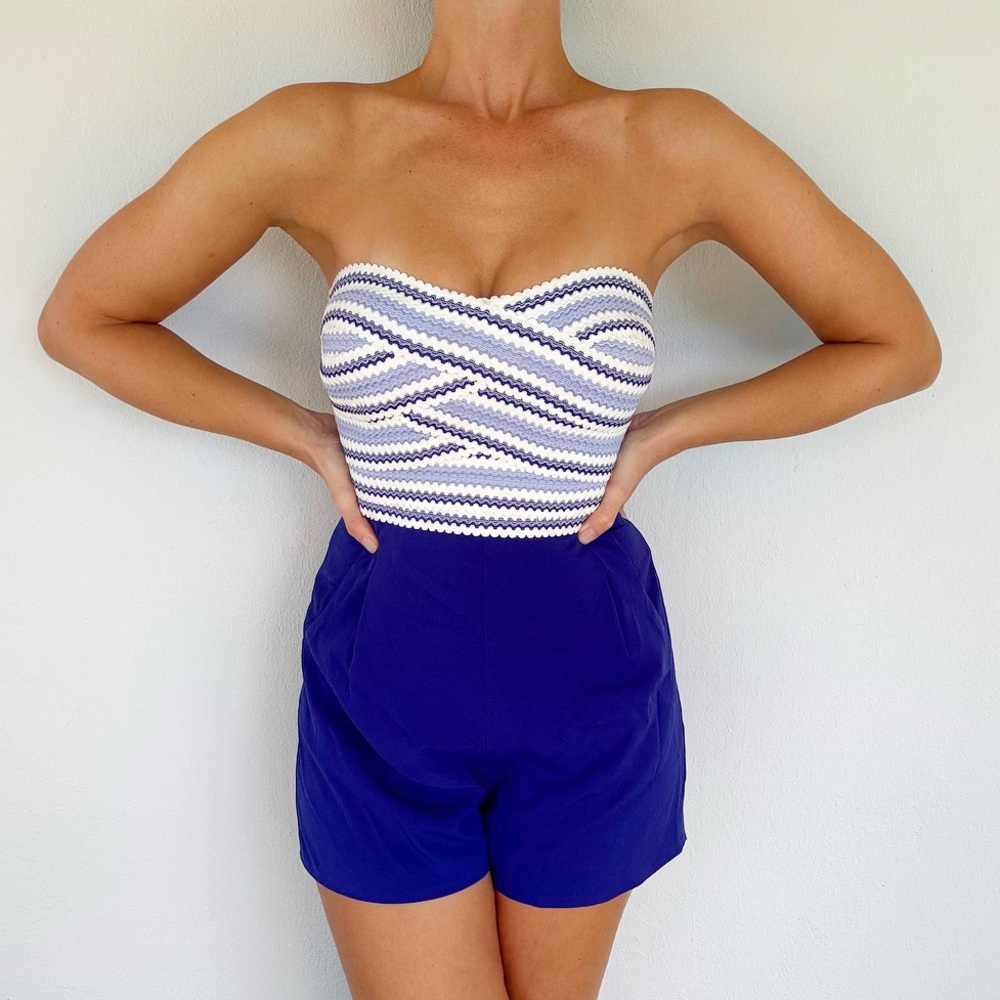 Bebe Katrina blue spectrum stripe print bandage corset top romper size 4